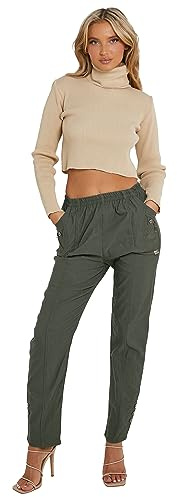 AR Paris Fashions® Dam körsbär enkla byxor - damer full längd italiensk stretchig elastisk midja sommarbyxor plusstorlek 10-24, Khaki, 38 SE