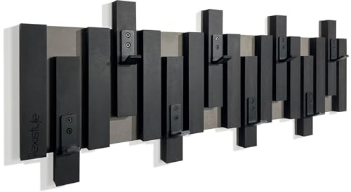 Perchero de pared de madera de roble con paneles de lamas en color negro, moderno natural, 2 dimensiones (80 cm), color negro