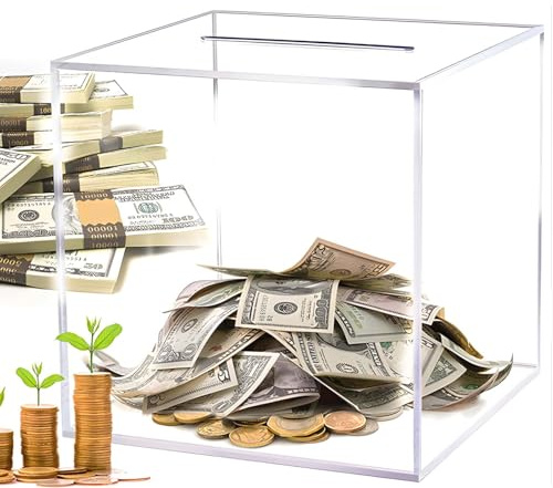 Clear Acrylic Money Box，Acrylic Square Piggy Bank for Adults, 12 x 12 x 12cm Unopenable Saving Money Piggy Bank，Must Break to Open Savings Jar for Storing Cash or Coin