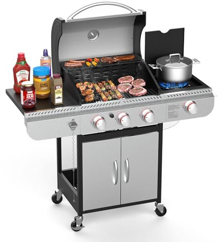 Electactic Barbecue à gaz propane à 3 brûleurs avec brûleur latéral, grille de barbecue en acier inoxydable avec grilles en fonte émaillée en porcelaine, barbecue 37000