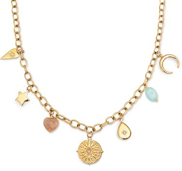 SINGULARU - Collar Multicharms Soleil. Acero con Acabado en Baño de Oro de 18kt. Cadena de Eslabones con Charms Colganes. Detalles en Piedras Naturales y Circonitas. Joyas para Mujer