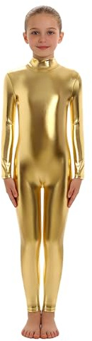 YiZYiF Kids Long Sleeve Shiny Metallic Jumpsuit Boys Girls Dance Gymnastics Leotard Bodysuits Unitard Dancewear Gold 10-12 Years