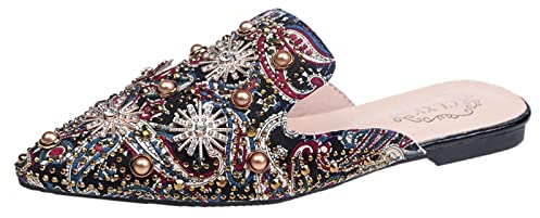 Ladies Shoes Size 8 Autumn Women Pumps Low Heel Flat Pointed Toe Pearl Colorful Print Half Slippers Mules 𝗥ed Glitter Shoes (Red, 6)