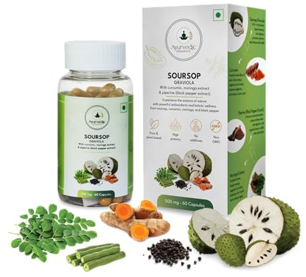 Ayurvedic Organics Soursop 500mg Capsules with Curcumin, Moringa & Black Pepper – 60 Graviola Capsules | High in Vitamic C and Flavonoids, Antioxidant Plant Based Herbal Supplement for Immune Support