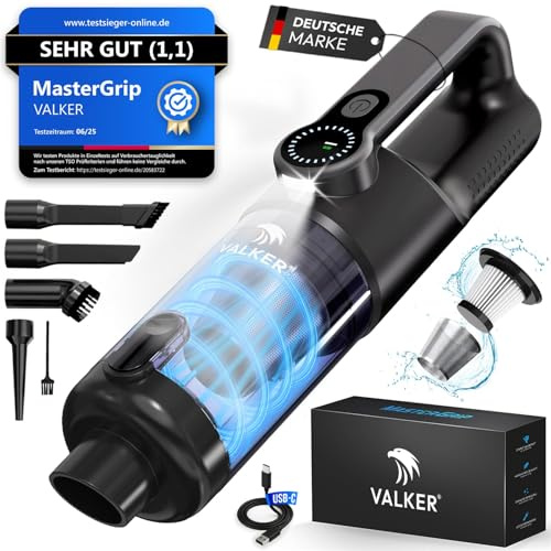 VALKER® Handstaubsauger Akku [TESTSIEGER] Starke Saugleistung 80000 RPM | Druckluft Funktion 2-in-1 | Waschbarer HEPA-Filter | Handsauger Kabellos für Auto & Zuhause | Mastergrip