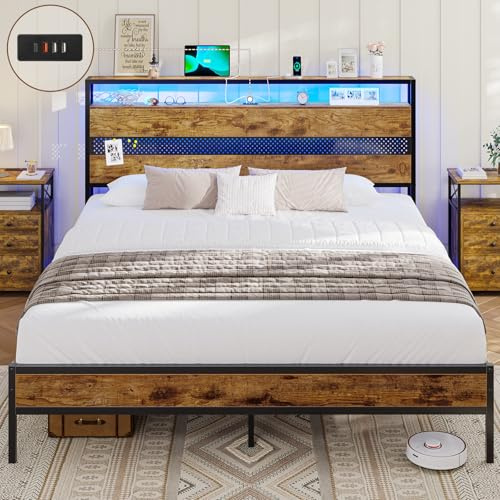 Letto 160 x 200 cm, con rete a doghe in metallo, struttura del letto in metallo con presa e funzione di ricarica USB, letto matrimoniale con spazio di archiviazione, letto basso, letto per giovani