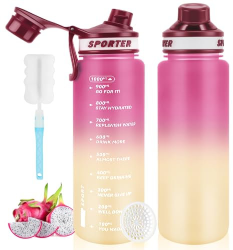 MOMSIV Trinkflasche, Sport Trinkflasche, 1L BPA-Frei Auslaufsicher Sport Wasserflasche mit Zeitmarkierung und Bürste, Sportflasche für Fitness, Schule, Fahrrad, Camping, Yoga (Rosa)