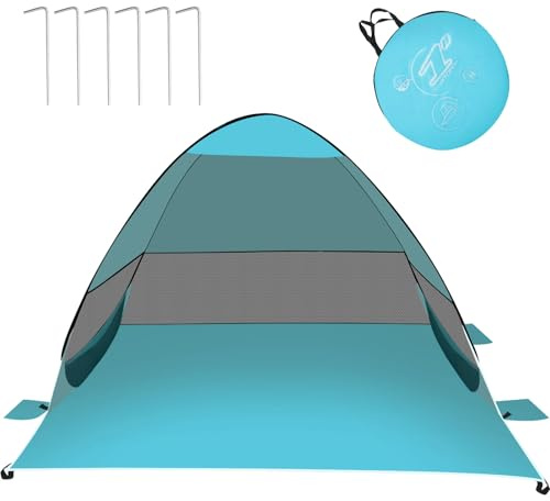 Tienda sombrilla de playa, Pop Up para tienda de playa, 3-4 personas, refugio de playa, anti rayos UV, con una puerta y tres ventanas enrejadas, sombrilla de playa, fácil de usar con bolsa de