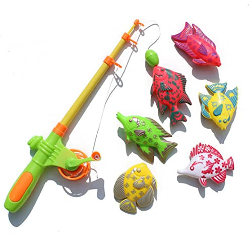 7PCS Fun and Cute Fishing Bath Toys Magnetic Fishing Toys Game Set for Kids Water Table Bathtub kiddie Pool Party with Pole Rod Net, Plastic Floating Fish