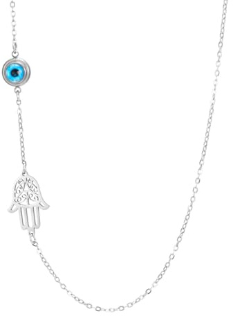 Collier pour femme avec pendentif œil de diable bleu de Fatima main de Fatma - Amulette de protection juive - Bijoux religieux, Medium, Acier inoxydable, Pas de gemme