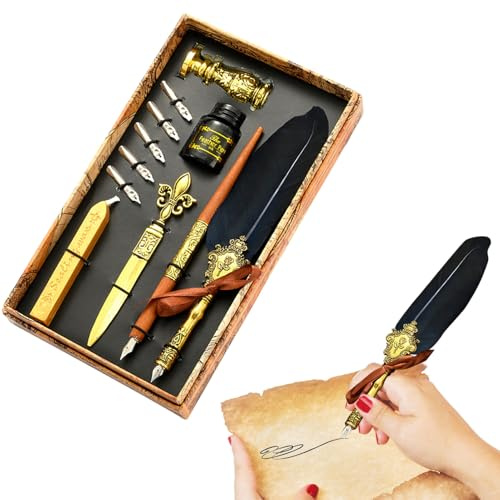 qokeeu Fjäderköl och bläckset, Quill Pen set, antik kalligrafidip pen med bläck | bläckset innehåller dip, bläck, reservspetsar, kuvertverktyg, romantisk vintage alla hjärtans dag gåva