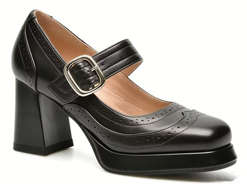 Greemarliy Platform Mary Jane Heels for Women Chunky Low Block Heels Patent Mary Jane Round Toe Pumps with Buckle Strap Retro Fashion Closed Toe Dress Shoes