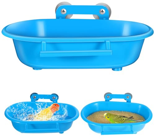BATHVEVE Bañera Compacta para Pájaros de Plástico Azul, Fácil de Limpiar y Usar, Soporte para Baño de Loros Adecuado para Jaulas de Periquitos y Aves Pequeñas
