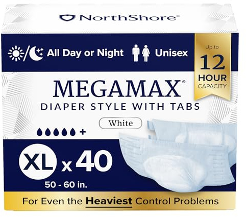 NorthShore MegaMax 12-Hour HBL Adult Diapers for Heavy Bladder Leaks, X-Large, 40 Count, White, 50-60 inches, Tab-Style Incontinence Underwear for Men, Women & Teens