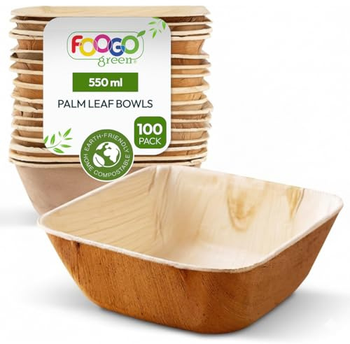 FOOGO Green 100pcs Disposable Palm Leaf Bowls, 5 (13cm) 19.4oz (550ml), for Soup, Desserts & Salad, Deep Square, Sturdy Eco Friendly Biodegradable, Bamboo, Wooden and Paper Bowls for Hot Food