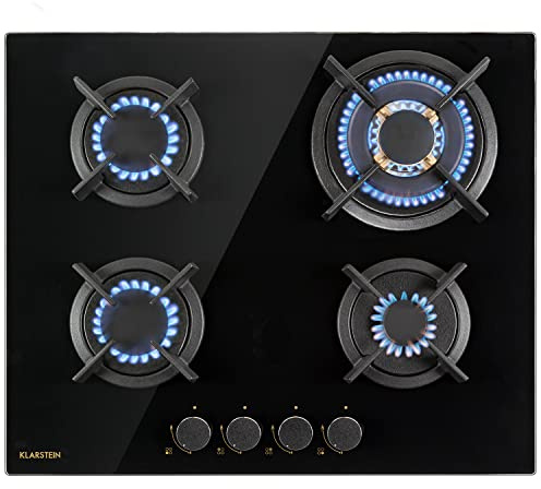 Klarstein Gas Cooker, 4 Burners Gas Hob, 8000W Built In Four Ring Electric Hob, Campervan Cooktops Cookers, Stainless Steel Glass Top Wok Burner, 4 Ring Kitchen Stoves LPG Cooker Burners Units