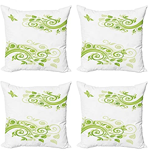 ABAKUHAUS Grün Kissenbezug Set (4 Stück), Blumendesign, moderner doppelseitiger Digitaldruck, 50 cm, Apfelgrün Hellgrün
