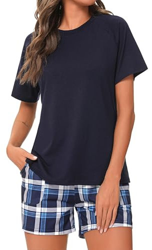 Uniexcosm Pyjamas for Women Round Neck Ladies Pyjamas with Pockets Drawstring Summer Pjs Set Cotton Short Sleeve Nightwear Sleepwear Loungewear,Z2-Navy Blue,S