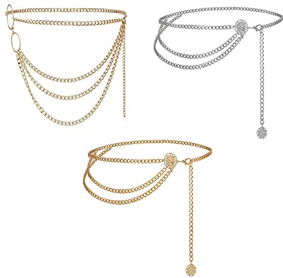 YUEMING 3 piezas Cinturones de Cadena para Mujer, Moda Cinturón de Cadena, Cintura Cadena de Vestir Cadena Del Cuerpo, Multicapa Cadena de Cintura, Ajustable Cadena de Cuerpo de Metal para Vestido