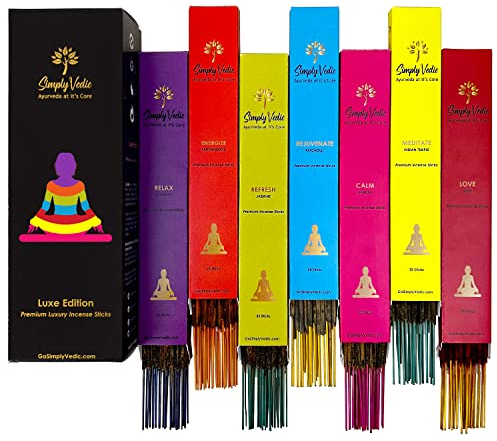 Simply Vedic Premium Luxe Series Räucherstäbchen | 7 Räucherstäbchen (175 Sticks) - Lavendel, Sandelholz, Jasmin, Patschuli, Rose, Vanille und indischer Tempel | mit Räucherstäbchenhalter