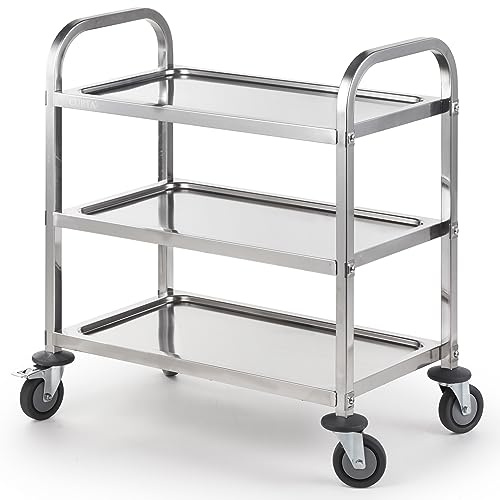 CURTA Stainless Steel Serving Trolley, 30 L x 16 W x 33 H 3 Tiered Shelf Kitchen Utility Cart, Rolling Casters Brake Wheel, Commercial Pro for Restaurant/Hotel/Lab/Clinic/Salon/Workshop