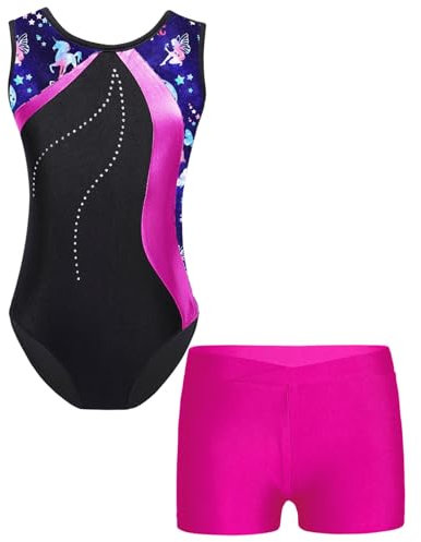 iiniim Flicka gymnastikdräkt med shorts, enhörningar, gymnastikdräkt, ärmlös, gymnastik, leotard trikådräkt, konkurrens, danskostym, Rose, 122-128