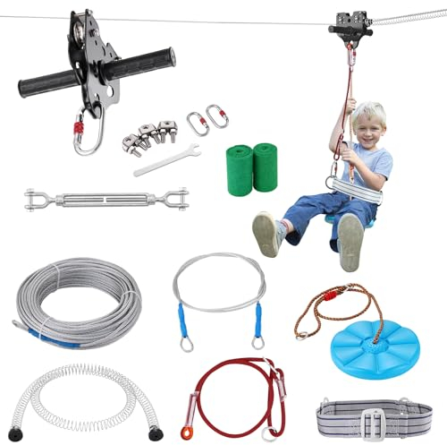 VEVOR Zipline Seilrutsche, 30,48 m Seilbahn Kinder, Zip Line Kit für Kinder und Erwachsene bis 226,8 kg, Backyard Zip Line Kit mit Verbessertem Federbremssystem, Seilbahn für Garten, Außenbereich usw.