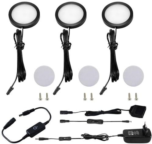 AIBOO Set di illuminazione a LED con interruttore touch dimmer per cucina, armadio, armadio, illuminazione (3 luci, bianco caldo)