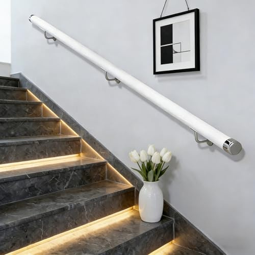 KEPMOGOH 50–440 cm ledhänder, rund trappramp i trä för väggmontering, säkerhetsramp för äldre, stödstång för händer i korridorer, komplett kit (B, 220cm)