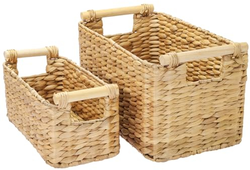 HMF Cesta de almacenamiento para baño, cesta trenzada de jacinto de agua con asas de madera, juego de 2