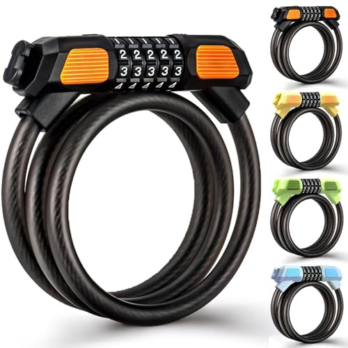 Fenxyo Antivol Velo, Serrure à câble à haute sécurité pour vélo 120cm/12mm, Chaînes à combinaison 5-chiffres étanches à l'eau et réglables pour vélo, cyclisme, moto, porte, Noir