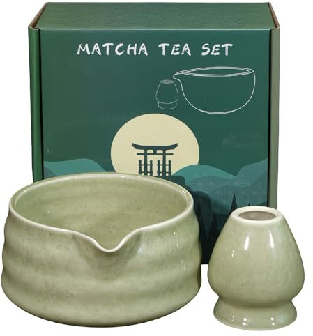 PRITOK 2-Teilige Matcha-Schale : 18 OZ Matcha-Schüssel Matcha Chawan Handgefertigt für die Matcha-Zeremonie, Matcha-Keramikschale mit Ausgießer, Grün