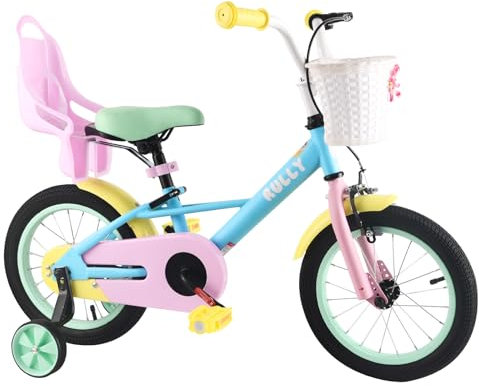 RULLY 14 Zoll Kinderfahrrad für Mädchen 3-5 Jahre (35-47 cm) – Mädchenfahrrad mit Korb, Handbremse und Stützrädern im Regenbogen-Design.