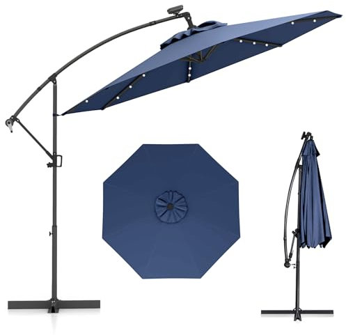 COSTWAY Ombrellone da Giardino ∅300 cm con 32 Luci LED, Ombrellone Prendisole con Rotazione di 360°, Inclinazione Regolabile, 8 Stecche, Manovella, per Giardino Piscina Cortile (Blu Scuro)