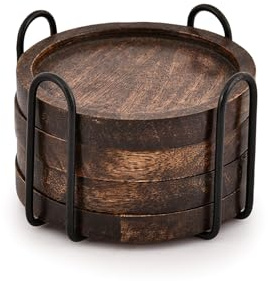 Indus Lifespace Coaster Set Iron & Mango Wood Set of 4 Wood Unique Dining Coffee Table Accessories Drink Coasters Cup (4 X 4 X 0.5)