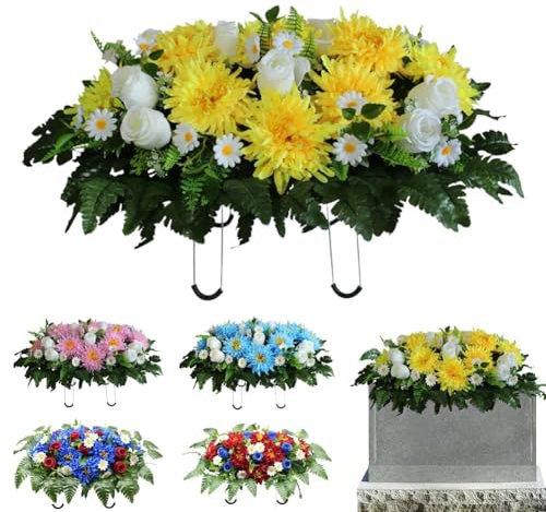 Sillín de flores de lápida de cementerio, sillines de flores artificiales para tumbas, flores artificiales grandes para cementerio, flores conmemorativas para decoración de lápidas al aire libre