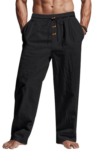 Pantalones de lino para hombre, ligeros, con cordón elástico, bolsillos en la cintura, ajuste holgado, pierna recta, verano, playa, yoga
