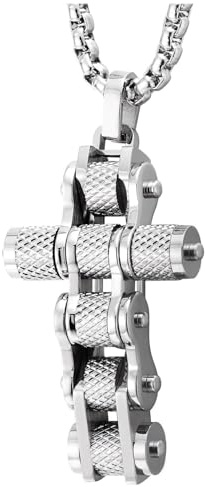 COOLSTEELANDBEYOND Män rostfritt stål vintage texturerad cykelkedja kors hänge halsband, Rostfritt stål, Ingen ädelsten