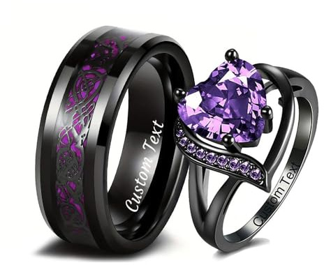 Otisfre Juego de anillos de compromiso para parejas grabados personalizados, anillos de compromiso con corazón de circonita cúbica, dragón celta para anillos de boda a juego (anillos para parejas)