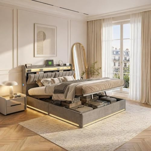 LONELYO Lit Coffre 140x190 avec Sommier à Lattes et LED – Lit Capitonné Gris avec Tête de Lit avec Rangement et Éclairage Ambiant, Design Moderne et Fonctionnel pour Chambre à Coucher