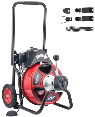 VEVOR Desatascador de Desagües Eléctrico Cable de 15 m de Longitud y 9,5 mm de Diámetro, Máquina de Limpieza de Tuberías con Alimentación Automática, Limpiador para Tubos de Drenaje de 5-10 cm