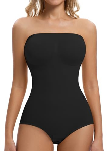 ONEW Strapless Bandeau Shapewear Bodysuit for Women Cami Bodysuit Top with Removable Spaghetti Straps Tummy Control Full Body Shaper