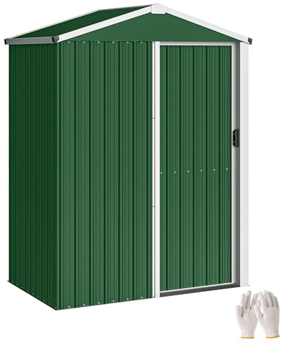 Outsunny Caseta de jardín de 1,1 m² en Acero galvanizado, caseta de jardín con Puerta corredera Simple con Cerradura, Techo Inclinado, Guantes, caseta para Herramientas, 136 x 87 x 179 cm, Verde