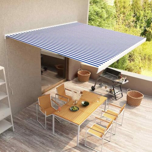 Toldo manual de aluminio y poliéster, resistente a la intemperie, con superficie antimanchas, para balcón y terraza, color azul y blanco
