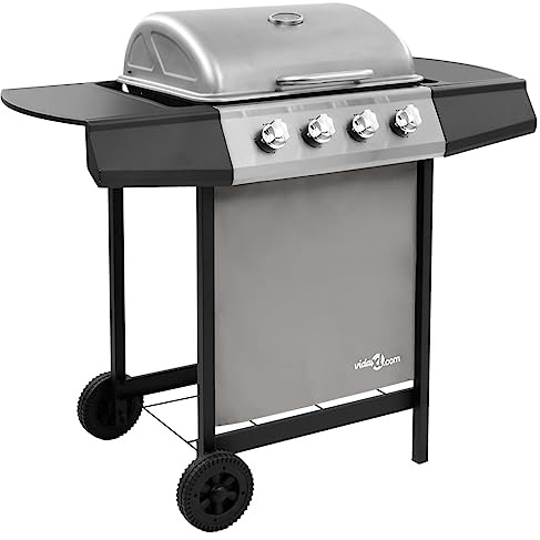 QUAHEAS Barbecue a gas con 4 fuochi, nero e argento, acciaio verniciato a polvere e acciaio inox, superficie di cottura 48,5 x 37,5 cm, accensione piezoelettrica, termometro, vaschetta raccogligrasso