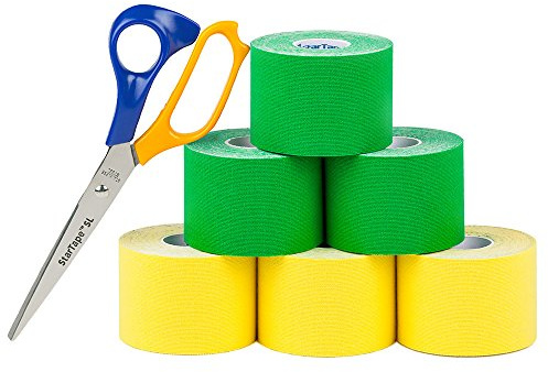 SL StarTape kinesiologi Tape 6-pack inklusive sax – sporttappa rullar 5 cm bred och 550 cm lång – tejp för plåster