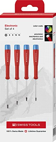 PB Swiss Tools Torx Elektronik Schraubendreher Set PB 8627 | 100% Swiss Made | 4-teiliges Feinmechaniker Schraubenzieher Set für Torx-Schrauben T8 T9 T10 T15 mit Bohrung an der Spitze