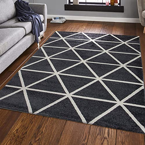 VIMODA Teppich Kurzflor Pastellfarben Weiss Rauten Design Robust in versch. Farben, für Wohnzimmer, Schlafzimmer, küche, Farbe:Anthrazit, Maße:80x150 cm