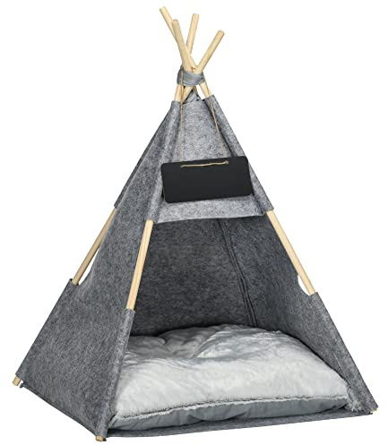 PawHut Tipi Tienda para Mascotas Tienda de Campaña para Mascotas con Cojín Extraíble Lavable Pizarra de Fieltro Madera para Perros Pequeños Gatos 58x58x80 cm Gris