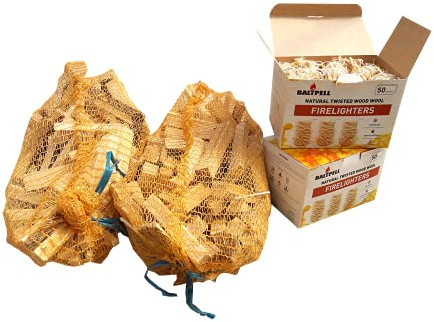 2 pacchi da 50pcs di accendifuoco in Lana di Legno di Pino Naturale, inodore ed Ecologico. Ottimo per l'accensione del Fuoco e 2 conf. da 3kg di legnetti accendifuoco.